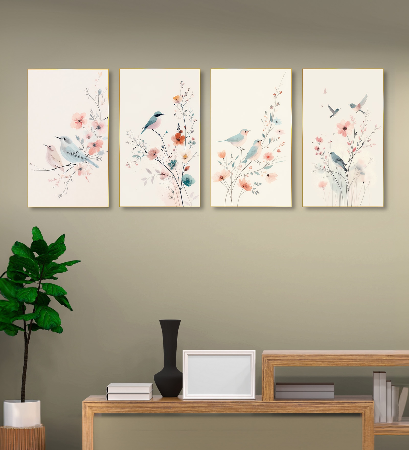 Bird Art Set of 4 Canvas Wall Painting Gold Frame