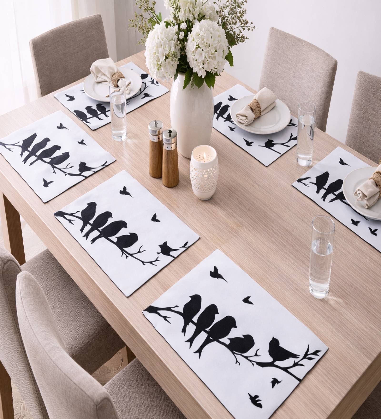 Set of 6 Black Birds on Branch Printed Placemats