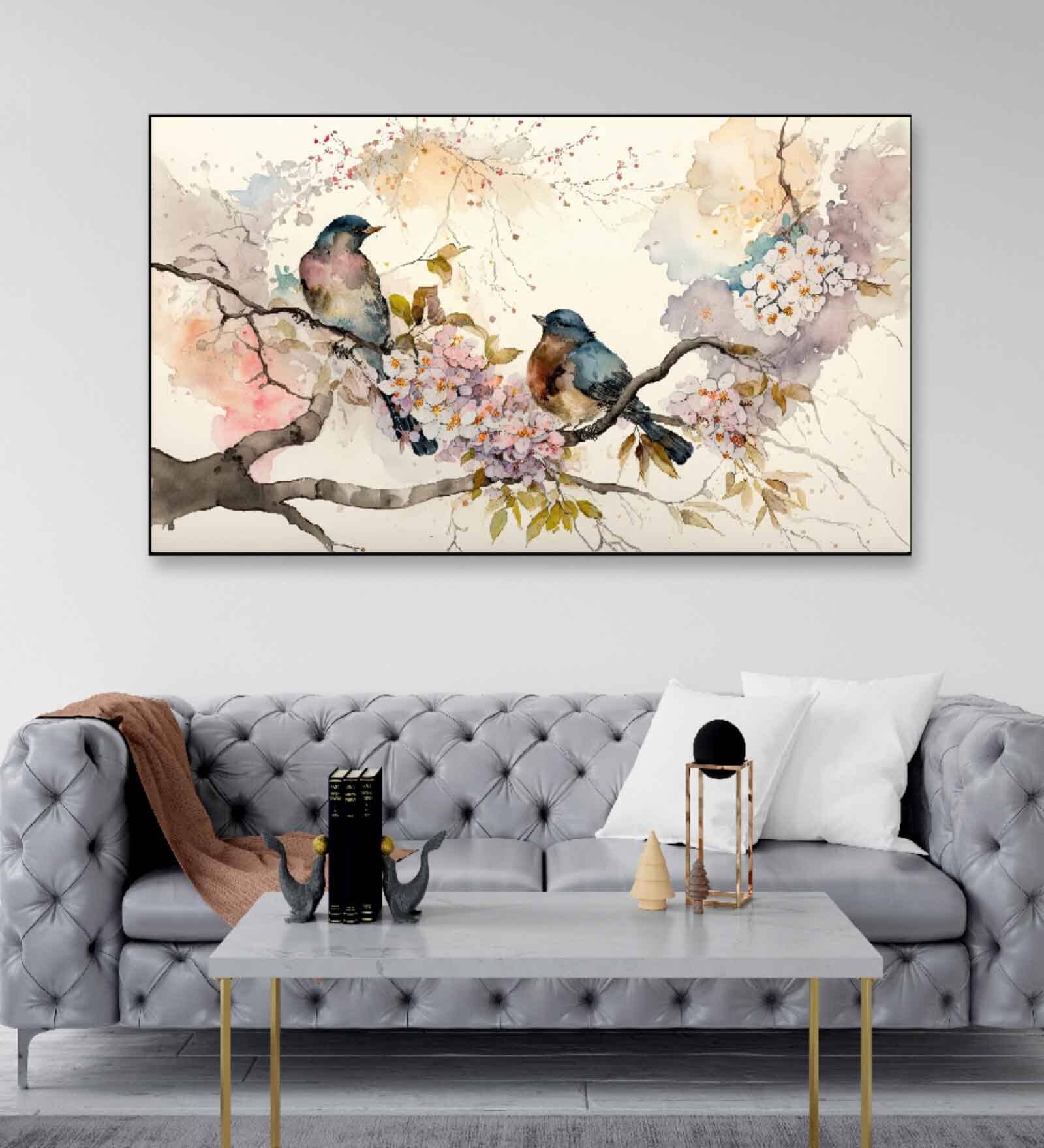 Birds On Stick Multicolour Canvas Art Print