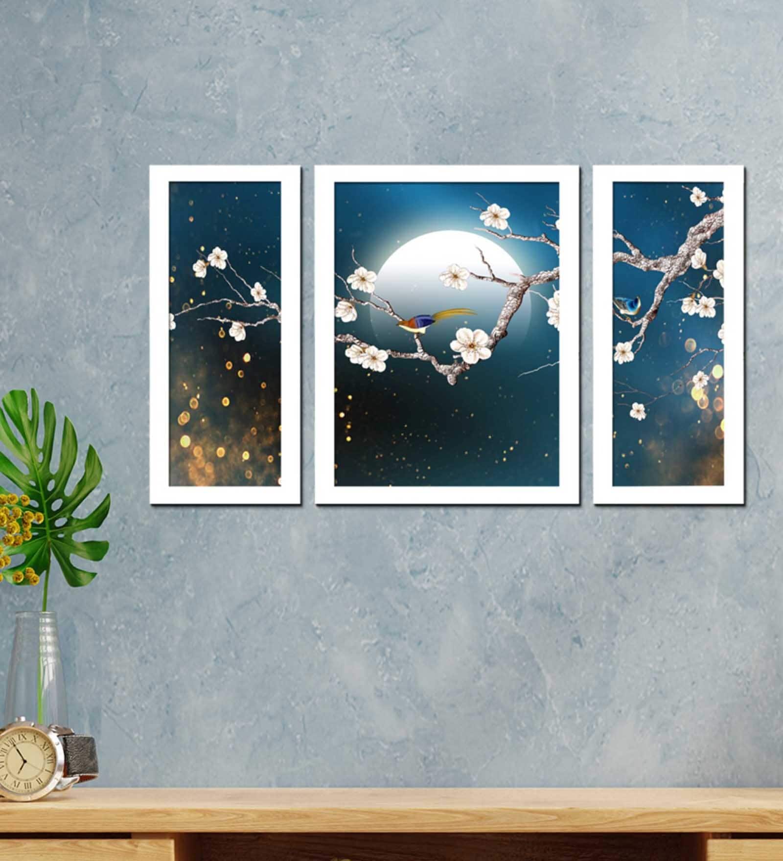 Birds On Tree In Moon Light MDF Art Panels Set of 3
