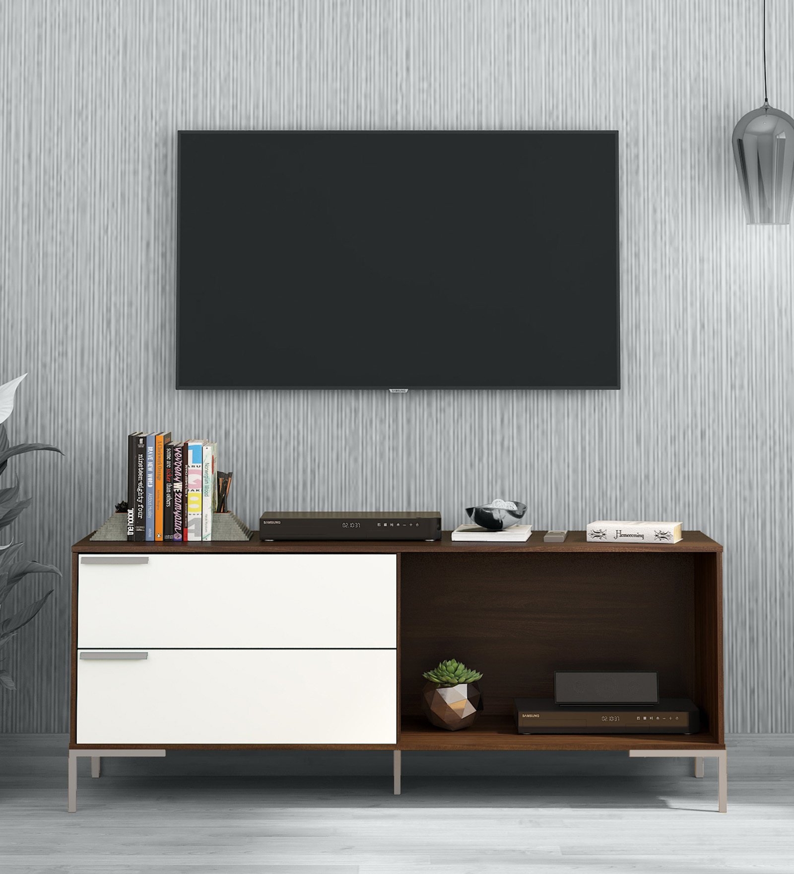 Birubao TV Console With Two Drawers In Dark Brown & White Finish