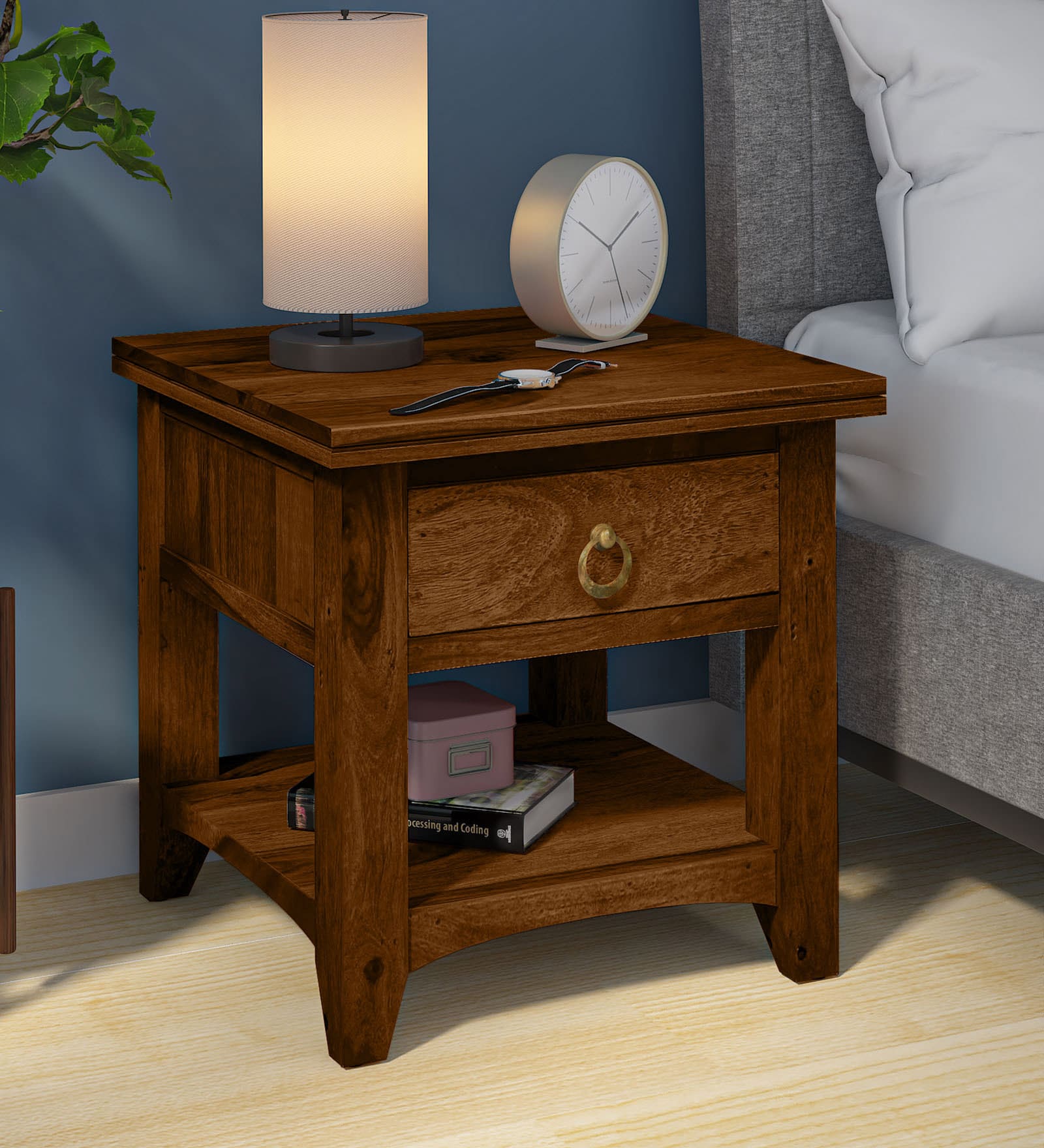 Biscay Sheesham Wood Bedside Table in Scratch Resistant Provincial Teak Finish With Drawer