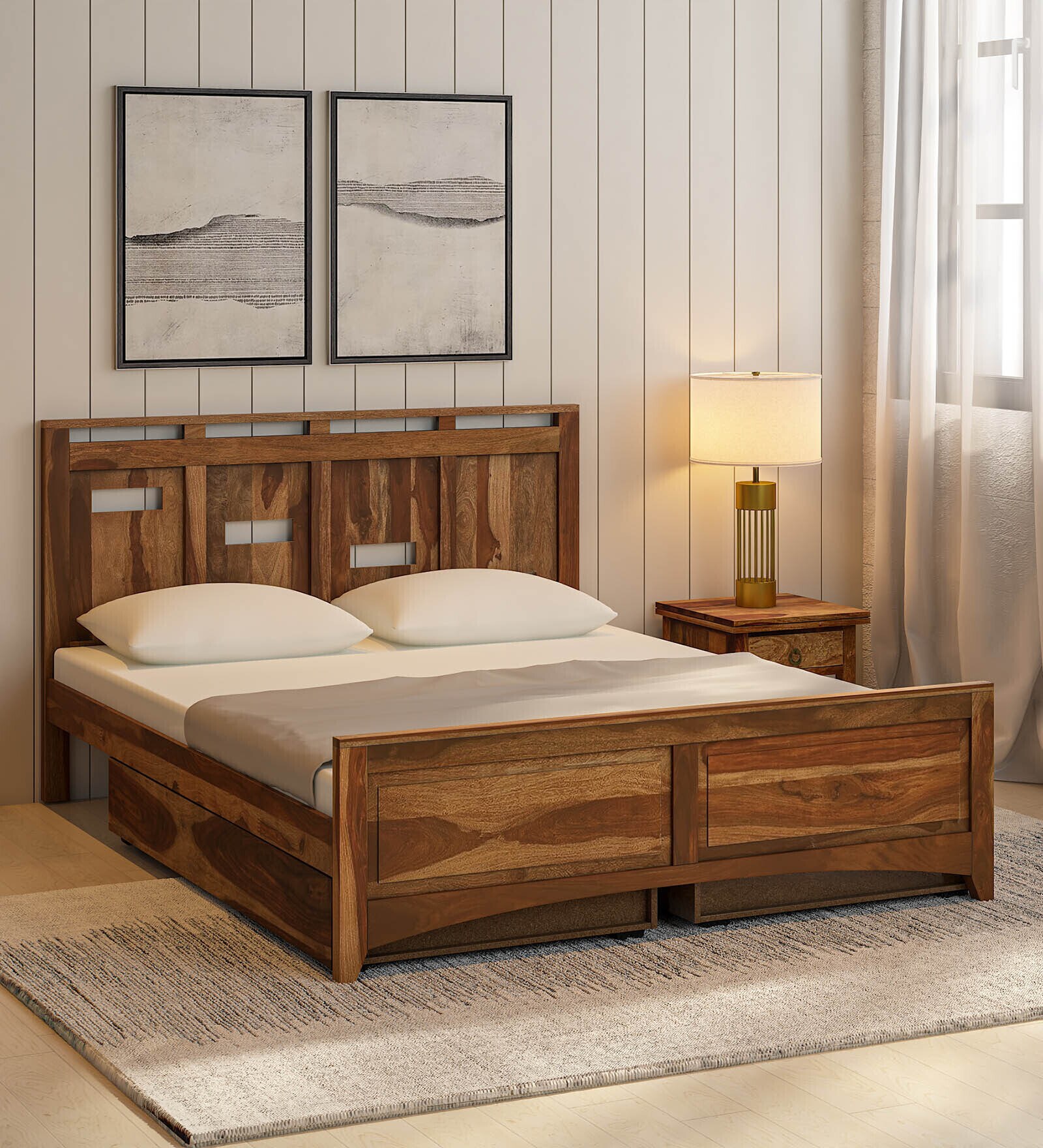Biscay Sheesham Wood Queen Size Bed in Scratch Resistant Rustic Teak Finish With Drawer Storage