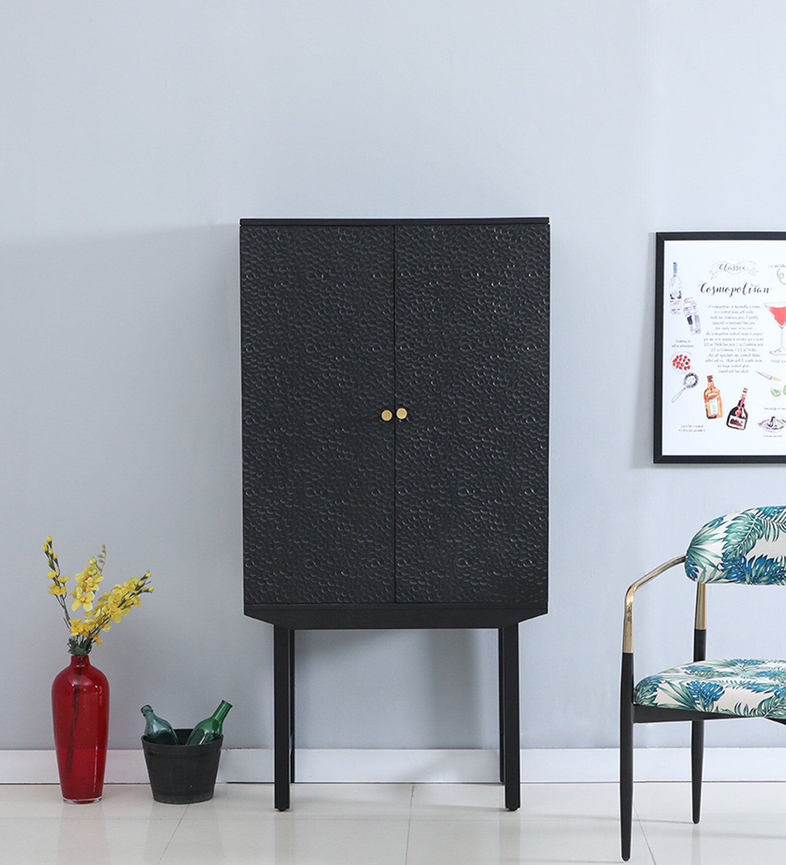Bizerk Solid Wood Bar Cabinet In Black Brush Finish