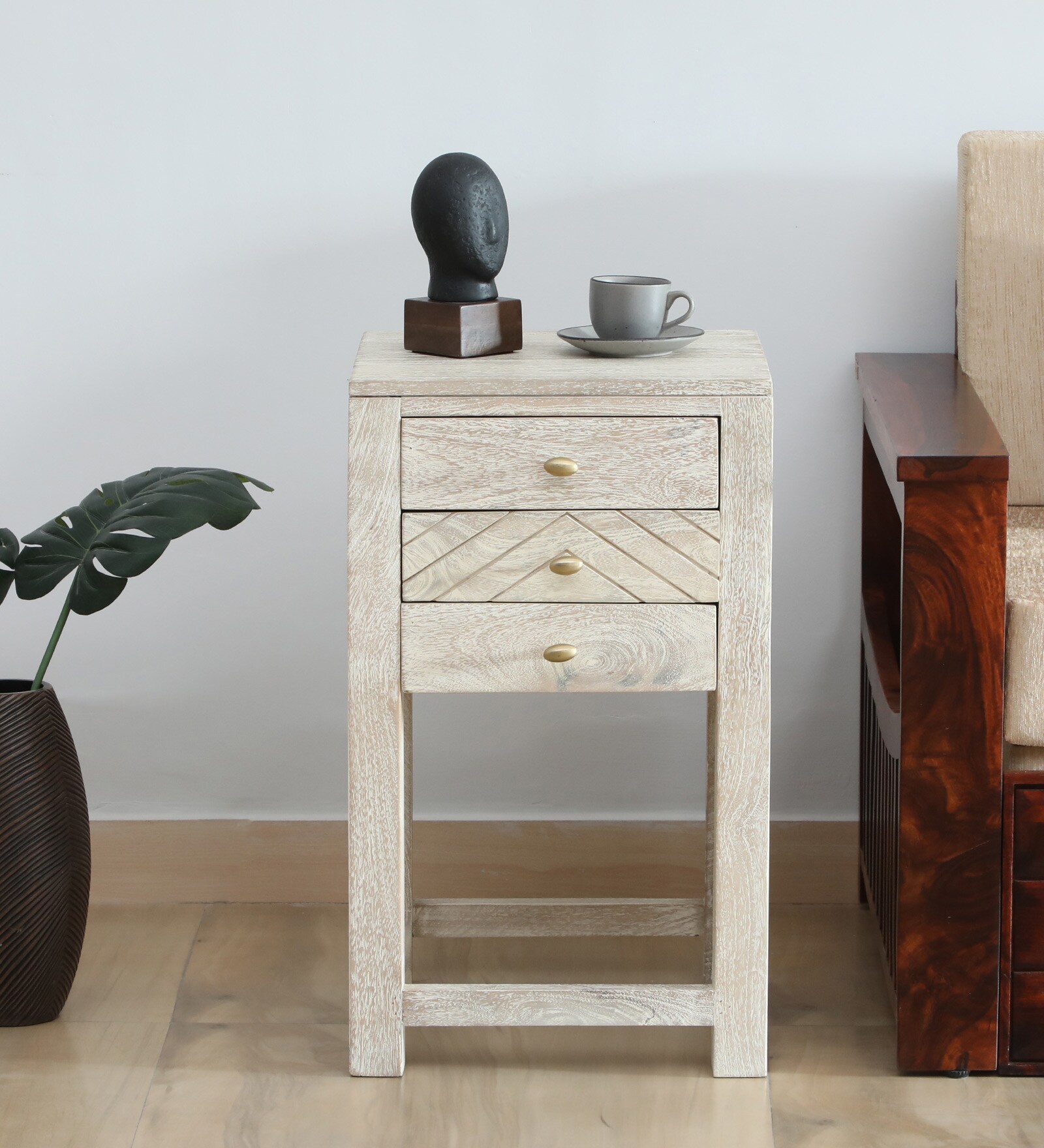 Bizerk Solid Wood End Table In Sandblasted White Finish With Drawers