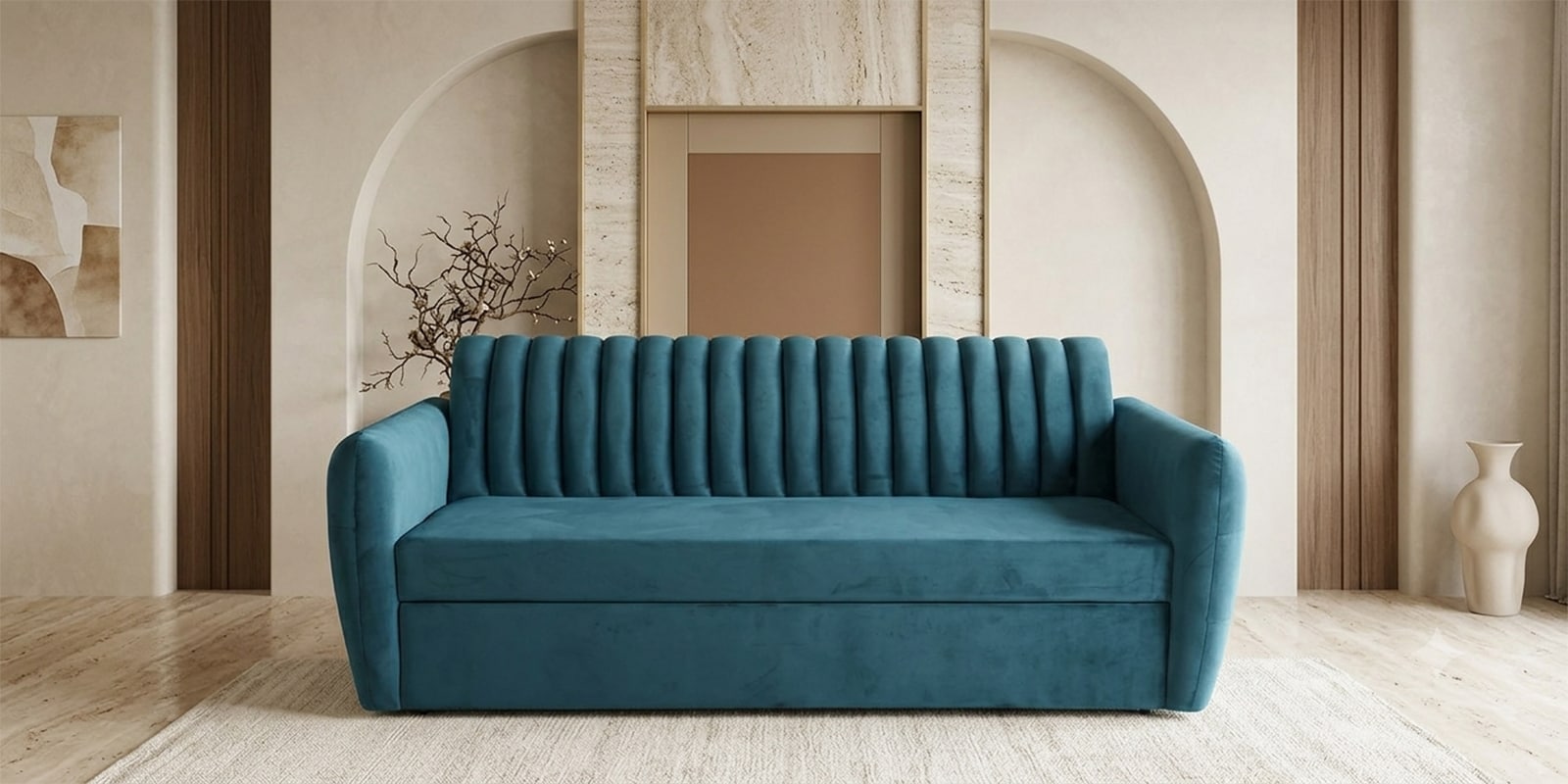 Bianca Velvet Pull-Out Sofa Cum Bed In Teal Blue Colour