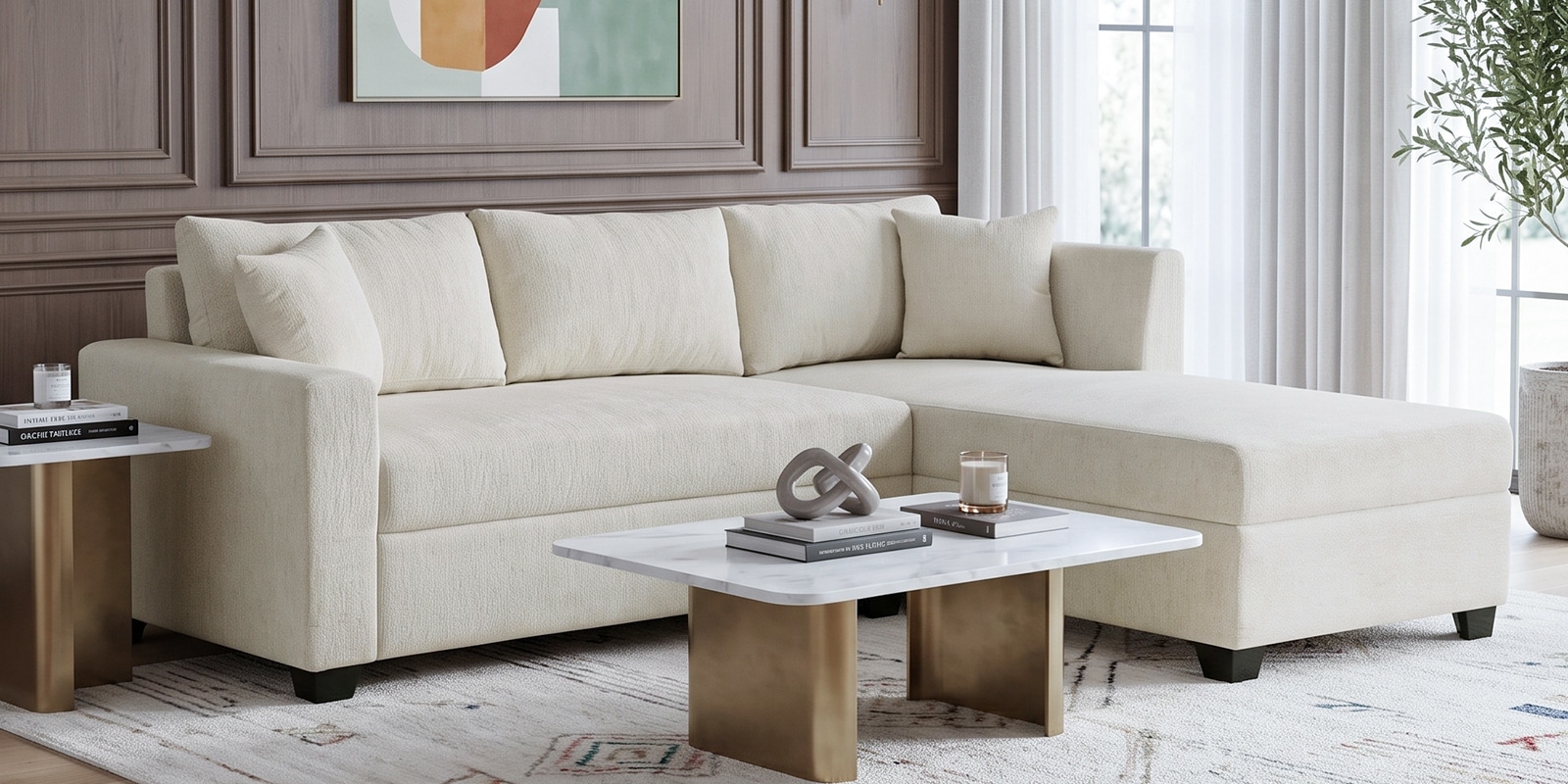 Bingo Fabric LHS Sectional Sofa (2+ Lounger) In Creamy Cashmere Colour