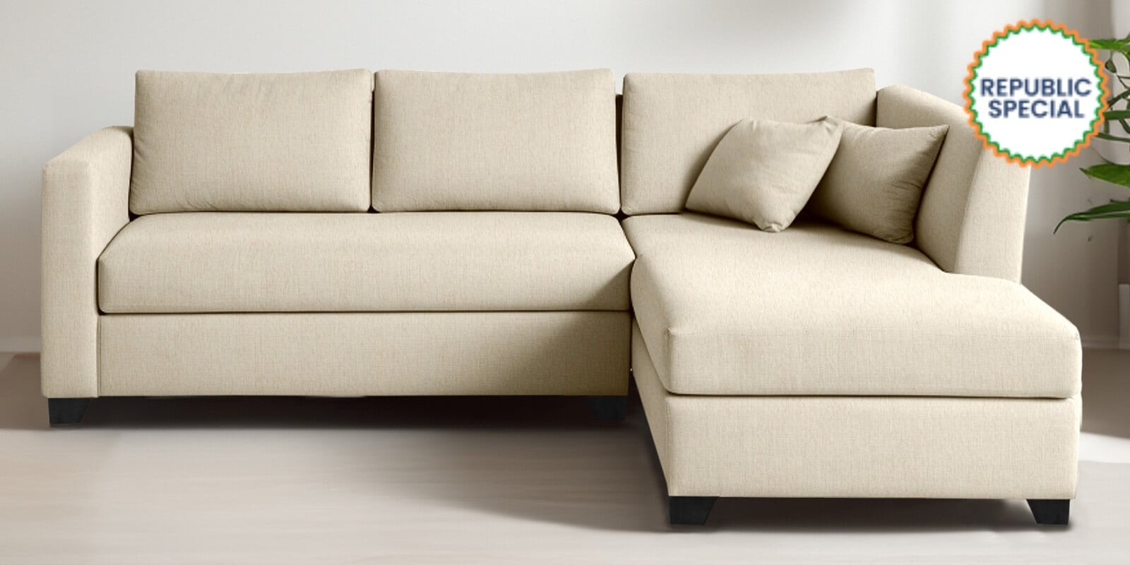 Bingo Fabric LHS Sectional Sofa (2+ Lounger) In Creamy Cashmere Colour