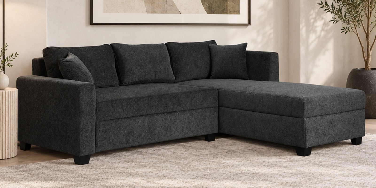 Bingo Fabric LHS Sectional Sofa (2+ Lounger) In Grey Colour Bingo Fabric LHS Sectional Sofa (2+ Lounger) In Grey Colour