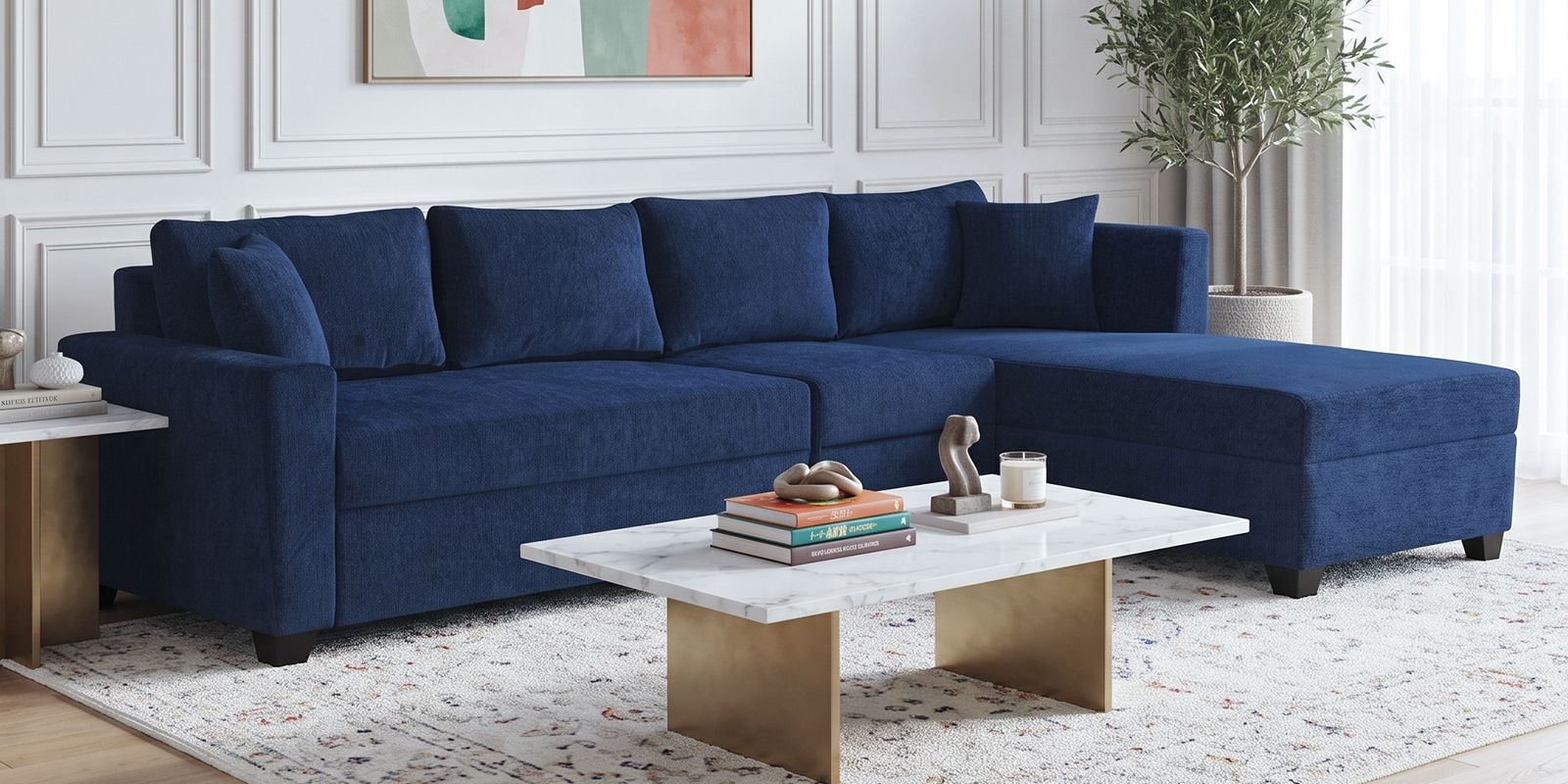 Bingo Fabric LHS Sectional Sofa (3+ Lounger) In Cool Cobalt Colour Bingo Fabric LHS Sectional Sofa (3+ Lounger) In Cool Cobalt Colour