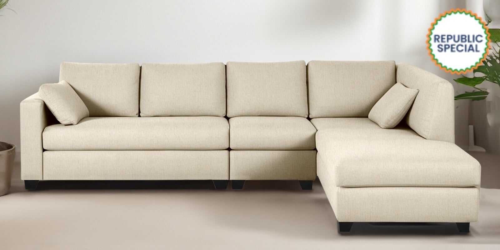 Bingo Fabric LHS Sectional Sofa (3+ Lounger) In Creamy Cashmere Colour