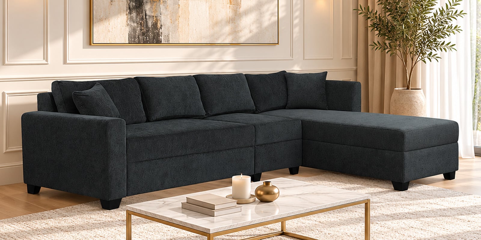 Bingo Fabric LHS Sectional Sofa (3+ Lounger) In Grey Colour Bingo Fabric LHS Sectional Sofa (3+ Lounger) In Grey Colour
