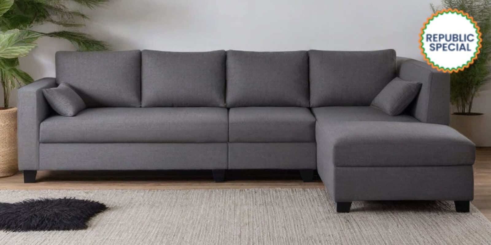 Bingo Fabric LHS Sectional Sofa (3+ Lounger) In Grey Colour