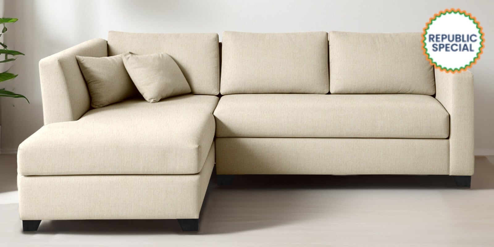 Bingo Fabric RHS Sectional Sofa (2+ Lounger) In Creamy Cashmere Colour