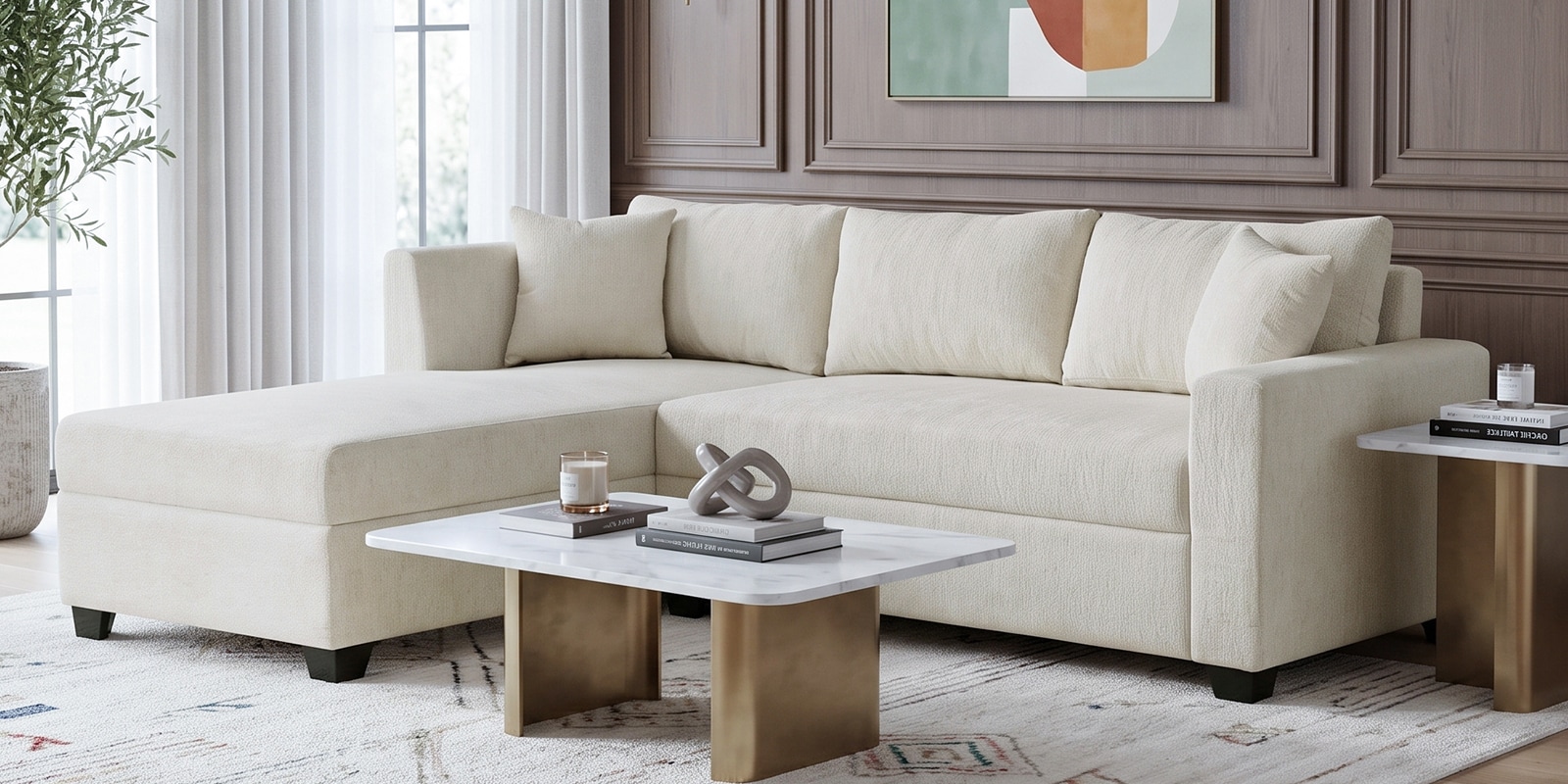 Bingo Fabric RHS Sectional Sofa (2+ Lounger) In Creamy Cashmere Colour