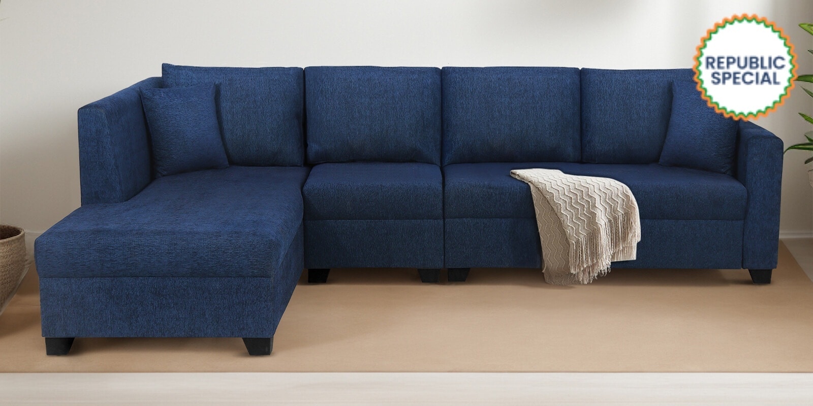 Bingo Fabric RHS Sectional Sofa (3+ Lounger) In Cool Cobalt Colour Bingo Fabric RHS Sectional Sofa (3+ Lounger) In Cool Cobalt Colour