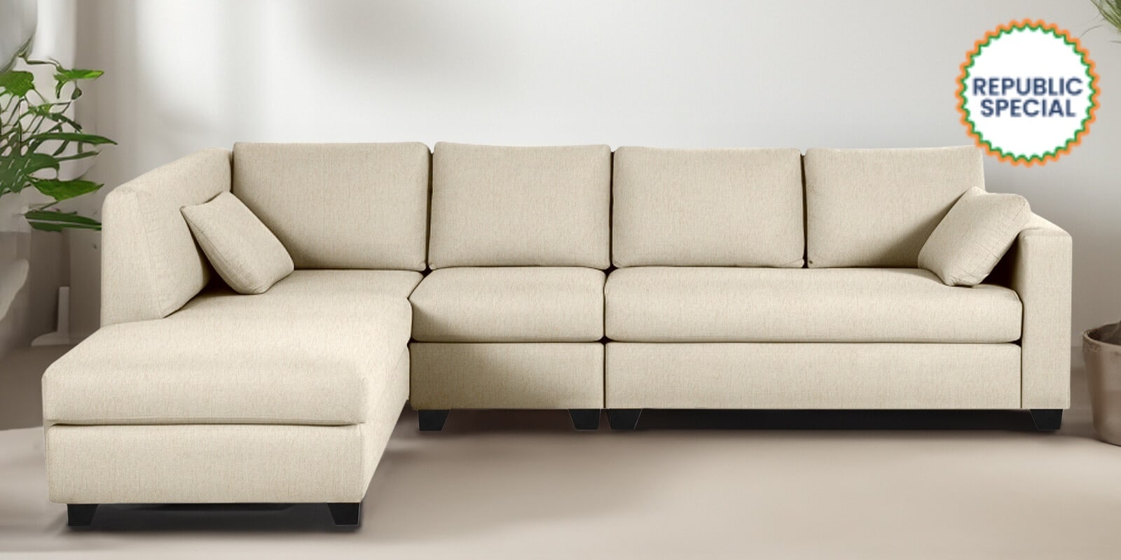 Bingo Fabric RHS Sectional Sofa (3+ Lounger) In Creamy Cashmere Colour Bingo Fabric RHS Sectional Sofa (3+ Lounger) In Creamy Cashmere Colour