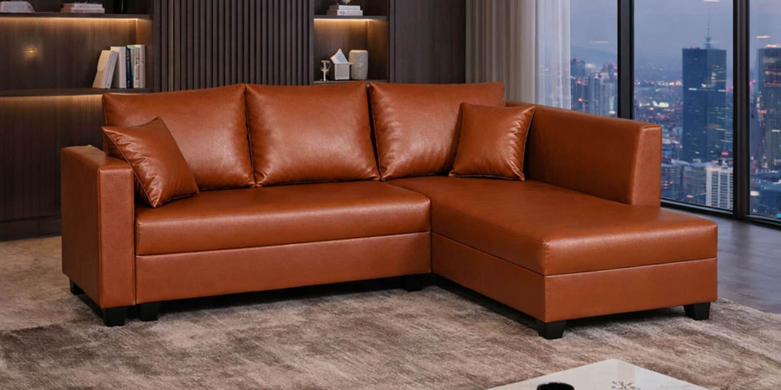 Bingo Leatherette LHS Sectional Sofa (2+ Lounger) In Tan Pu Colour Bingo Leatherette LHS Sectional Sofa (2+ Lounger) In Tan Pu Colour