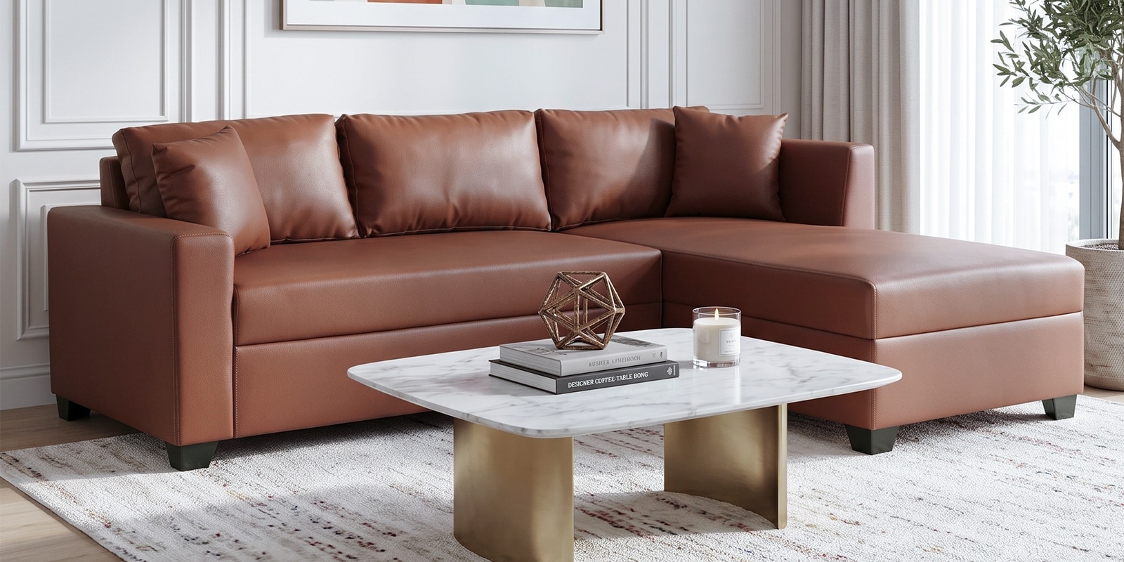 Bingo Leatherette LHS Sectional Sofa (2+ Lounger) In Tan Pu Colour Bingo Leatherette LHS Sectional Sofa (2+ Lounger) In Tan Pu Colour