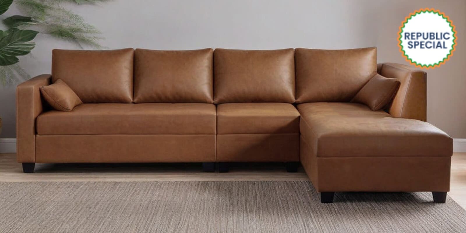 Bingo Leatherette LHS Sectional Sofa (3+ Lounger) In Tan Colour