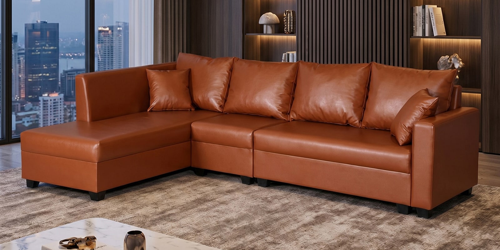 Bingo Leatherette LHS Sectional Sofa (3+ Lounger) In Tan Colour