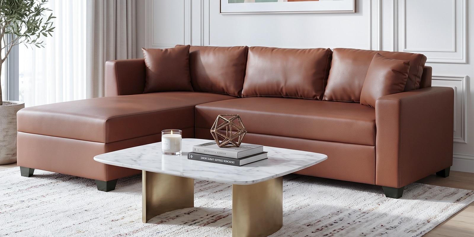 Bingo Leatherette RHS Sectional Sofa (2+ Lounger) In Tan Pu Colour Bingo Leatherette RHS Sectional Sofa (2+ Lounger) In Tan Pu Colour