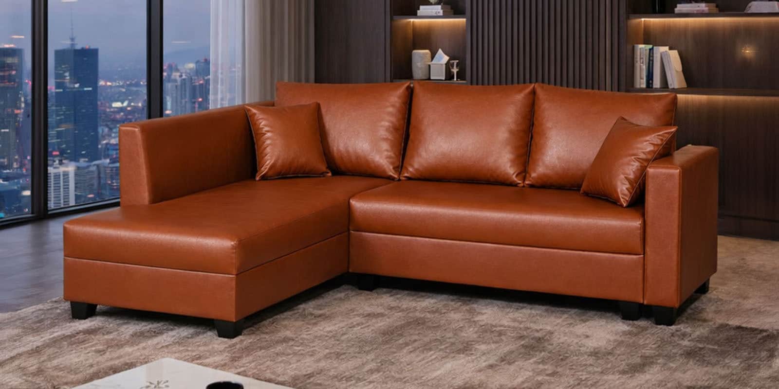 Bingo Leatherette RHS Sectional Sofa (2+ Lounger) In Tan Pu Colour Bingo Leatherette RHS Sectional Sofa (2+ Lounger) In Tan Pu Colour