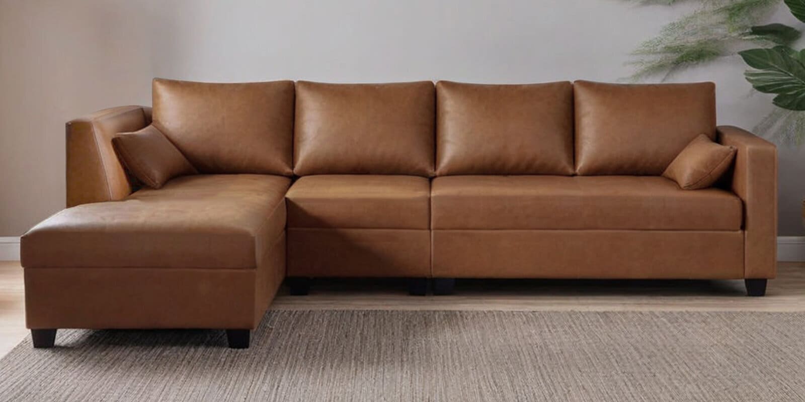 Bingo Leatherette RHS Sectional Sofa (3+ Lounger) In Tan Colour