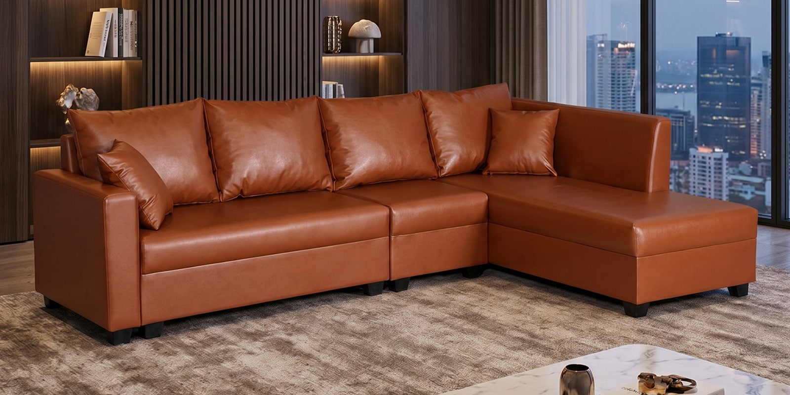 Bingo Leatherette RHS Sectional Sofa (3+ Lounger) In Tan Colour Bingo Leatherette RHS Sectional Sofa (3+ Lounger) In Tan Colour