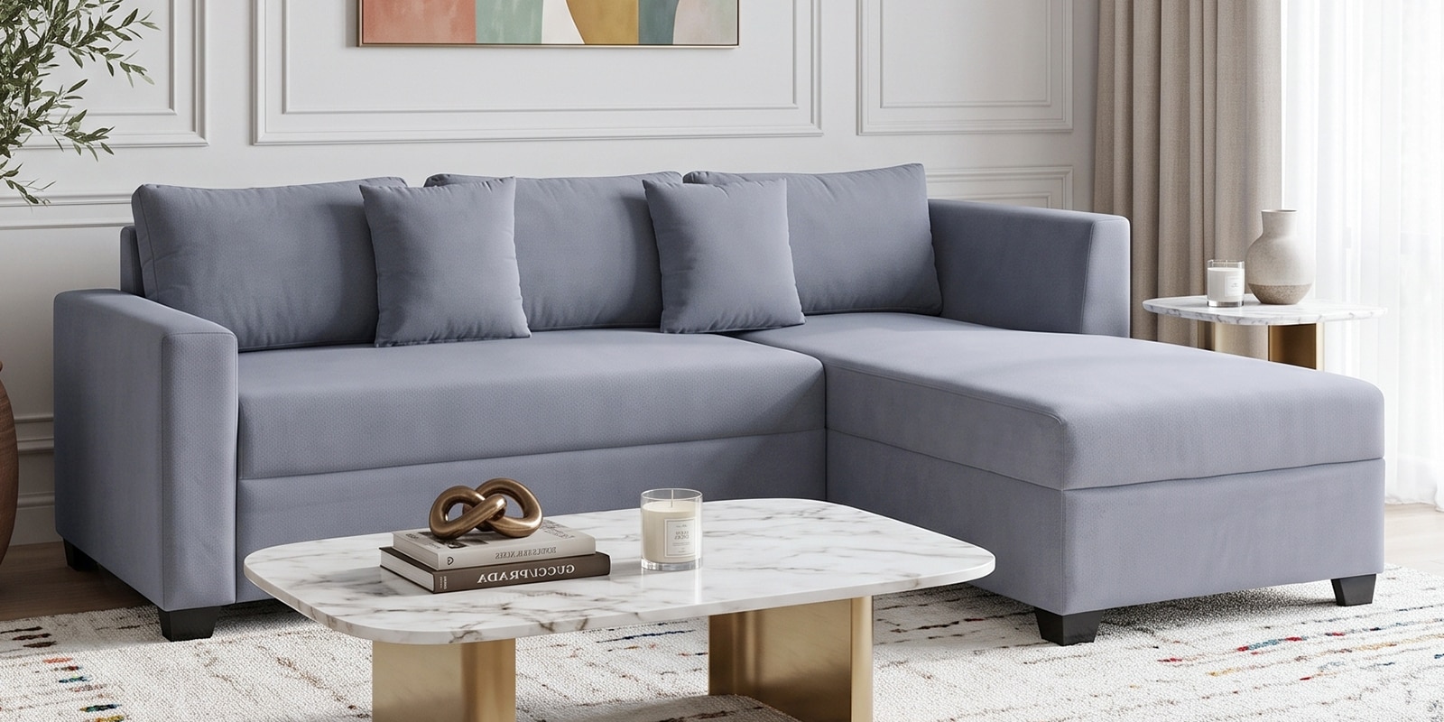 Bingo Velvet LHS Sectional Sofa (2+ Lounger) In Grey Colour