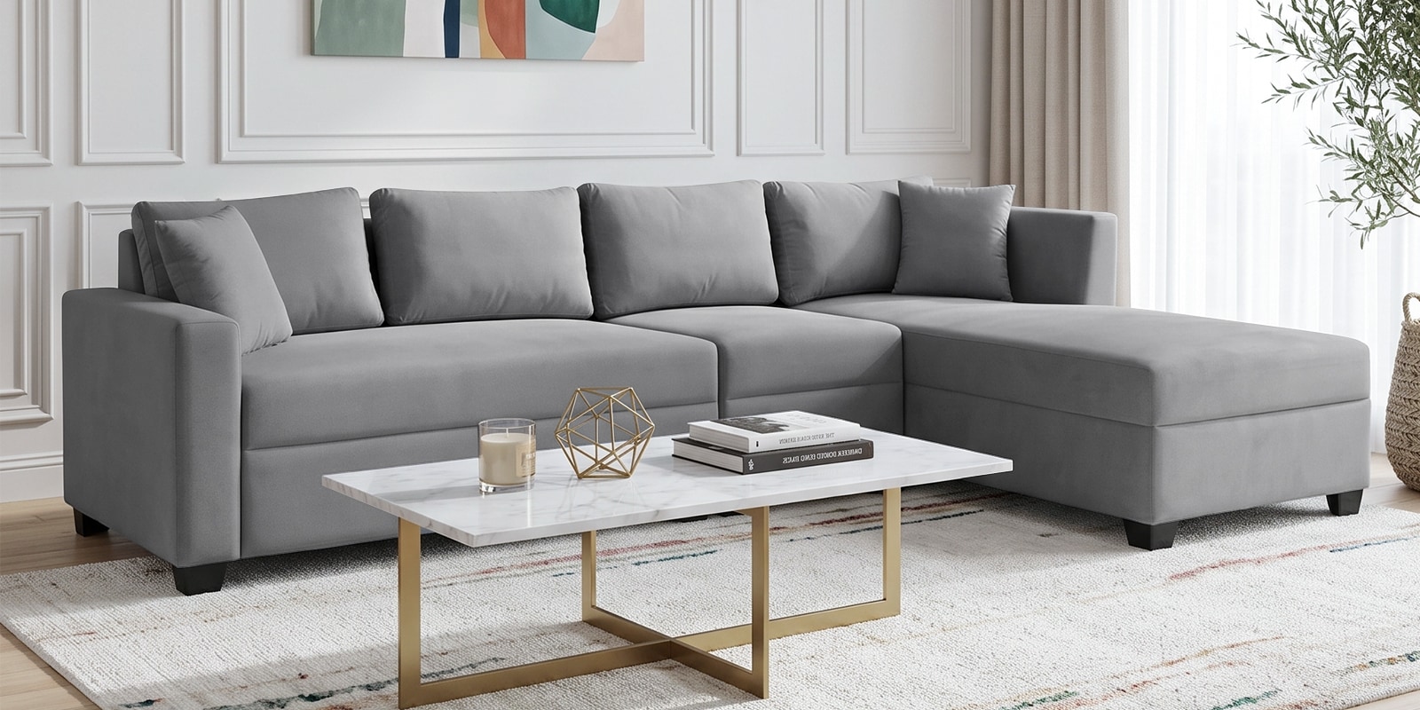 Bingo Velvet LHS Sectional Sofa (3+ Lounger) In Grey Colour Bingo Velvet LHS Sectional Sofa (3+ Lounger) In Grey Colour