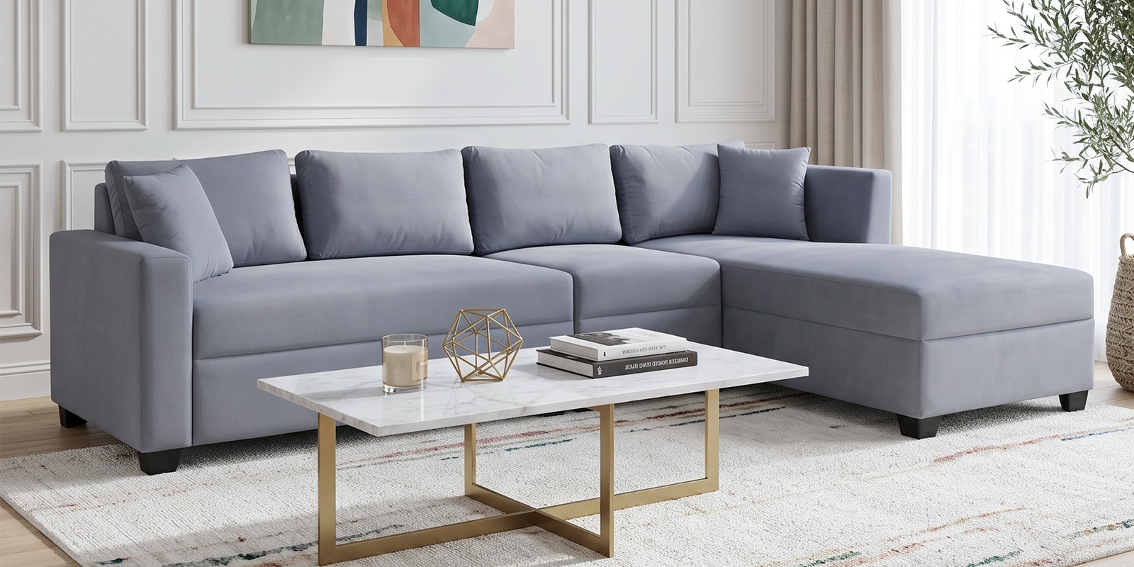 Bingo Velvet LHS Sectional Sofa (3+ Lounger) In Grey Colour Bingo Velvet LHS Sectional Sofa (3+ Lounger) In Grey Colour