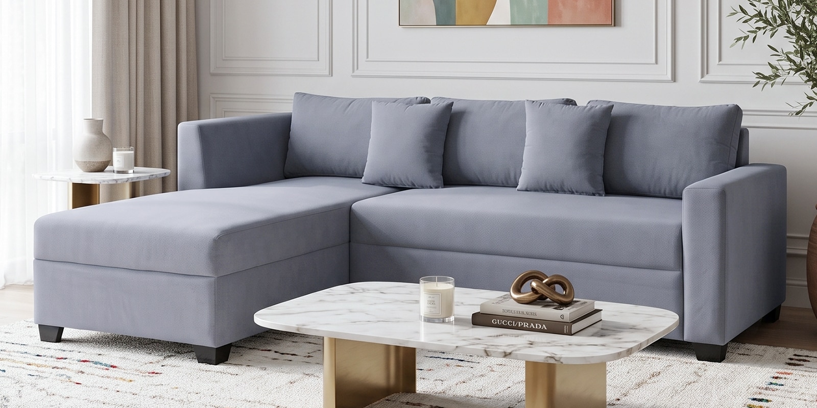 Bingo Velvet RHS RHS Sectional Sofa ( 2+ Lounger ) In Grey Colour Bingo Velvet RHS RHS Sectional Sofa ( 2+ Lounger ) In Grey Colour