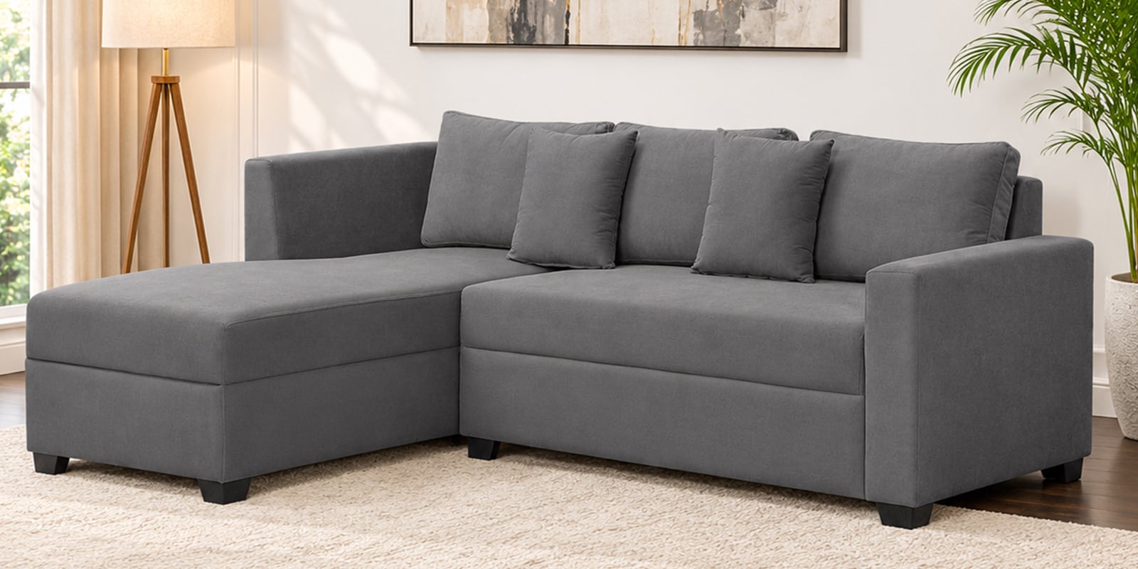 Bingo Velvet RHS Sectional Sofa (2+ Lounger) In Grey Colour Bingo Velvet RHS Sectional Sofa (2+ Lounger) In Grey Colour