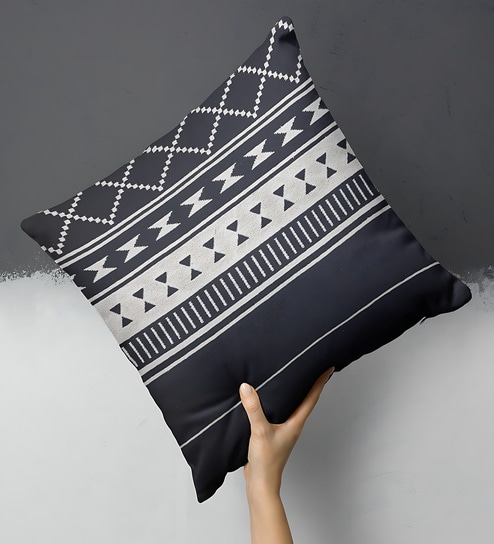 Beige & Black Cotton Jute Ornamental Handloom Cushion Cover - 16 x 16 Inches