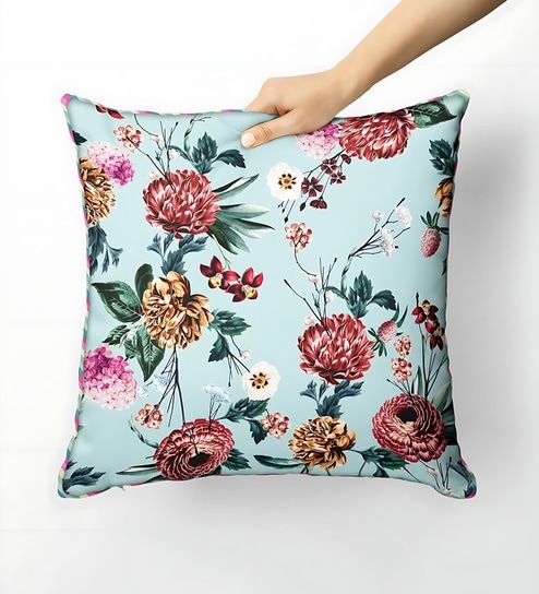 Suzane Mint & Teal Silk Linen Floral Abstract Reversible Printed Cushion Cover - 16 x 16 Inches