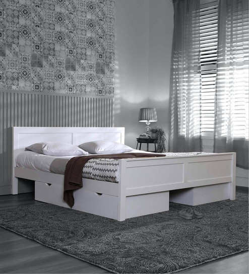 Buy Bianca Solid Wood Queen Size Bed With Storage In White Finish By Woodsworth Online Modern Queen Size Beds Beds Furniture Pepperfry Product