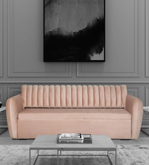 Bianca Velvet Pull-Out Sofa Cum Bed in Baby Pink Colour