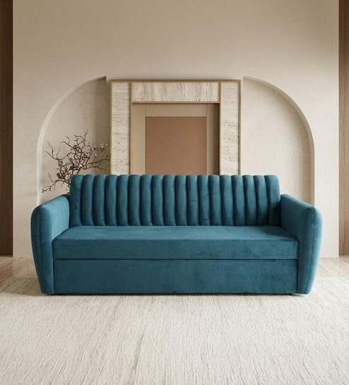 Bianca Velvet Pull-Out Sofa Cum Bed In Teal Blue Colour