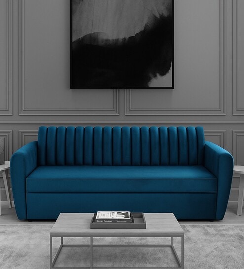 Bianca Velvet Pull-Out Sofa Cum Bed in Teal Blue Colour