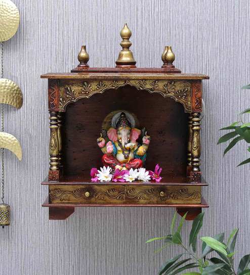 Copper Sheesham Wood Pooja Mandir Without Door By D Dass