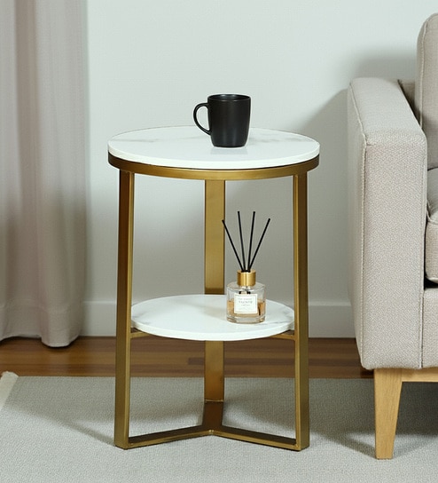 Bigard White Porcelain Top End Table With Gold Finish-image-22