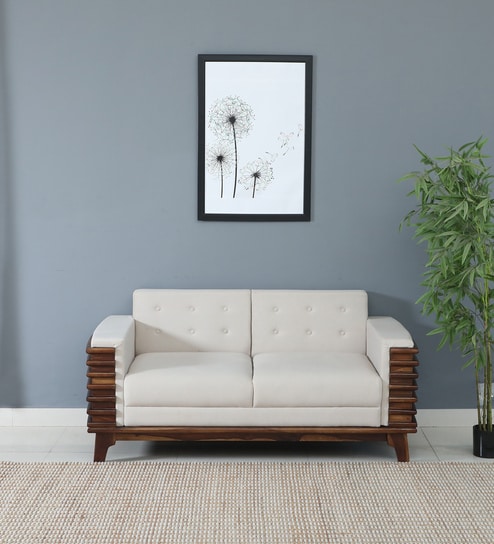 Binche Sheesham Wood 2 Seater Sofa In Beige Colour