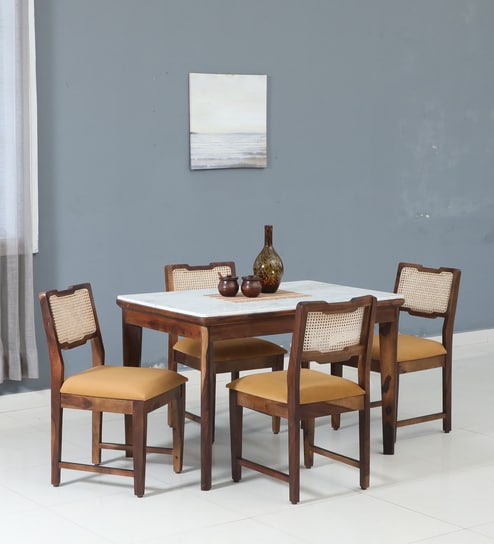 Binche Sheesham Wood 4 Seater Dining Set In Scratch Resistant Provincial Teak Finish With Marble Top