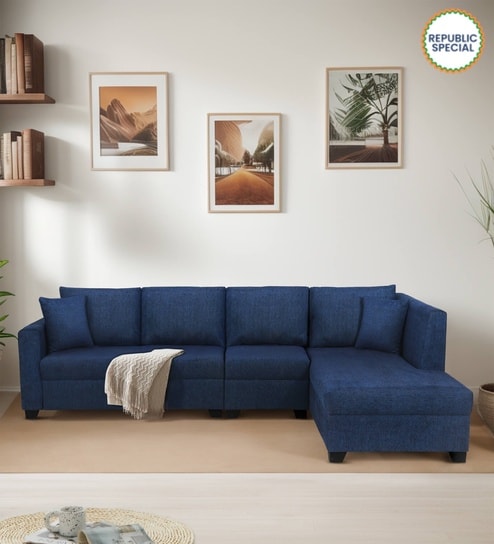 Bingo Fabric LHS Sectional Sofa (3+ Lounger) In Cool Cobalt Colour