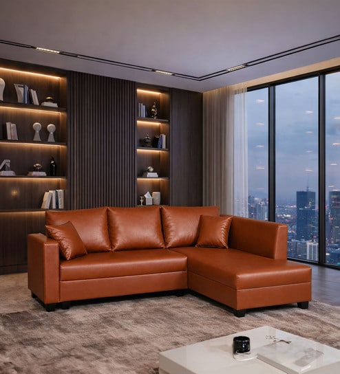 Bingo Leatherette LHS Sectional Sofa (2+ Lounger) In Tan Pu Colour