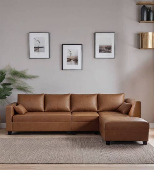 Bingo Leatherette LHS Sectional Sofa (3+ Lounger) In Tan Colour