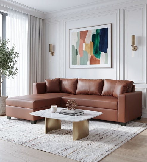 Bingo Leatherette RHS Sectional Sofa (2+ Lounger) In Tan Pu Colour