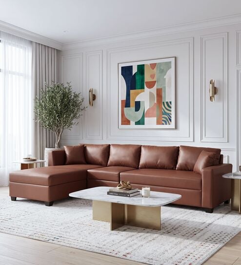 Bingo Leatherette RHS Sectional Sofa (3+ Lounger) In Tan Colour