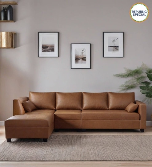 Bingo Leatherette RHS Sectional Sofa (3+ Lounger) In Tan Colour